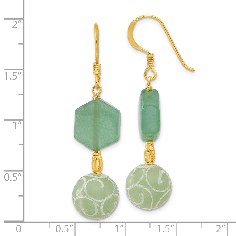QE17350 Sterling Silver Gold-pltd Hexagon Aventurine & Swirl Jade Dangle Earrings