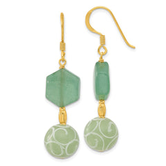 QE17350 Sterling Silver Gold-pltd Hexagon Aventurine & Swirl Jade Dangle Earrings
