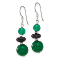 QE17352 Sterling Silver Polished Black Agate & Green Quartz Beads Dangle Earrings