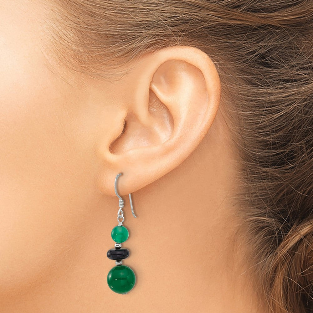 QE17352 Sterling Silver Polished Black Agate & Green Quartz Beads Dangle Earrings