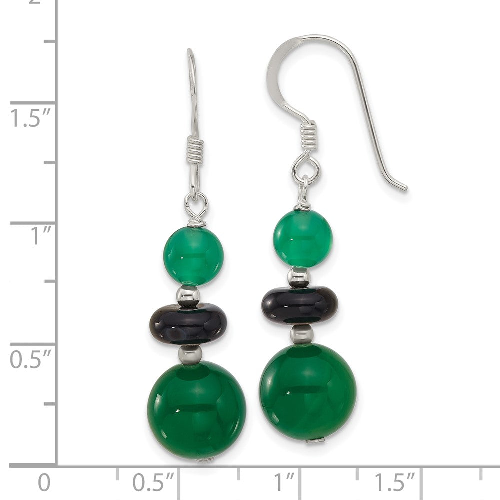QE17352 Sterling Silver Polished Black Agate & Green Quartz Beads Dangle Earrings