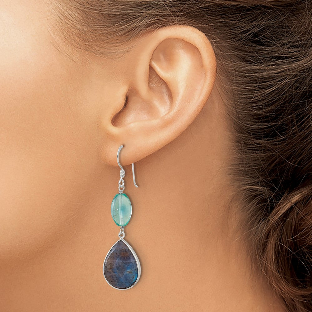 QE17360 Sterling Silver Polished Fluorite & Labradorite Teardrop Dangle Earrings