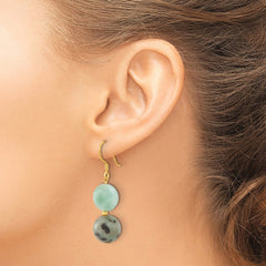 QE17372 Sterling Silver Gold-plated Polished Amazonite/Kiwi Jasper Dangle Earrings