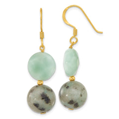 QE17372 Sterling Silver Gold-plated Polished Amazonite/Kiwi Jasper Dangle Earrings