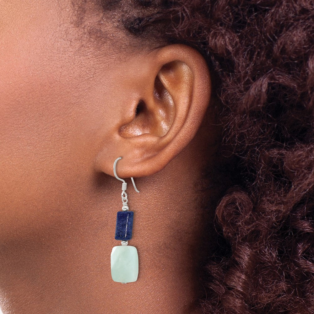 QE17378 Sterling Silver Polished Rectangular Amazonite & Lapis Dangle Earrings