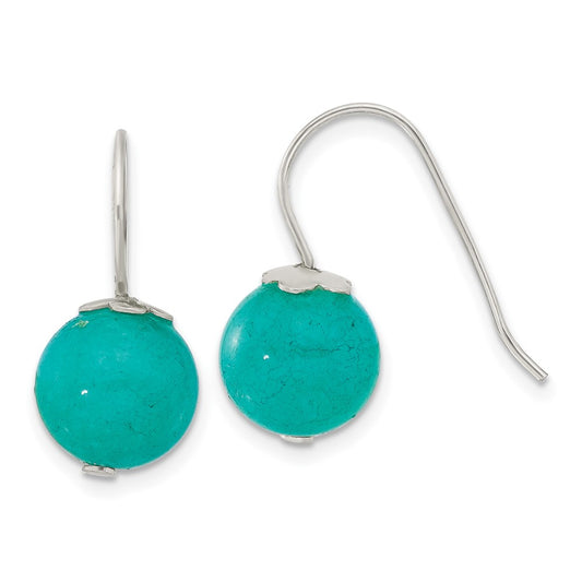 QE17385 Sterling Silver Polished 10mm Round Blue/Green Jade Dangle Earrings