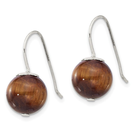 QE17388 Sterling Silver Polished 10mm Round Tiger's Eye Dangle Earrings