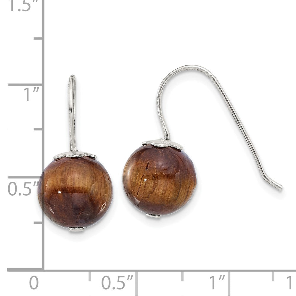 QE17388 Sterling Silver Polished 10mm Round Tiger's Eye Dangle Earrings