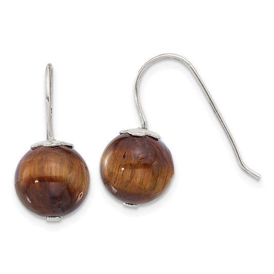 QE17388 Sterling Silver Polished 10mm Round Tiger's Eye Dangle Earrings