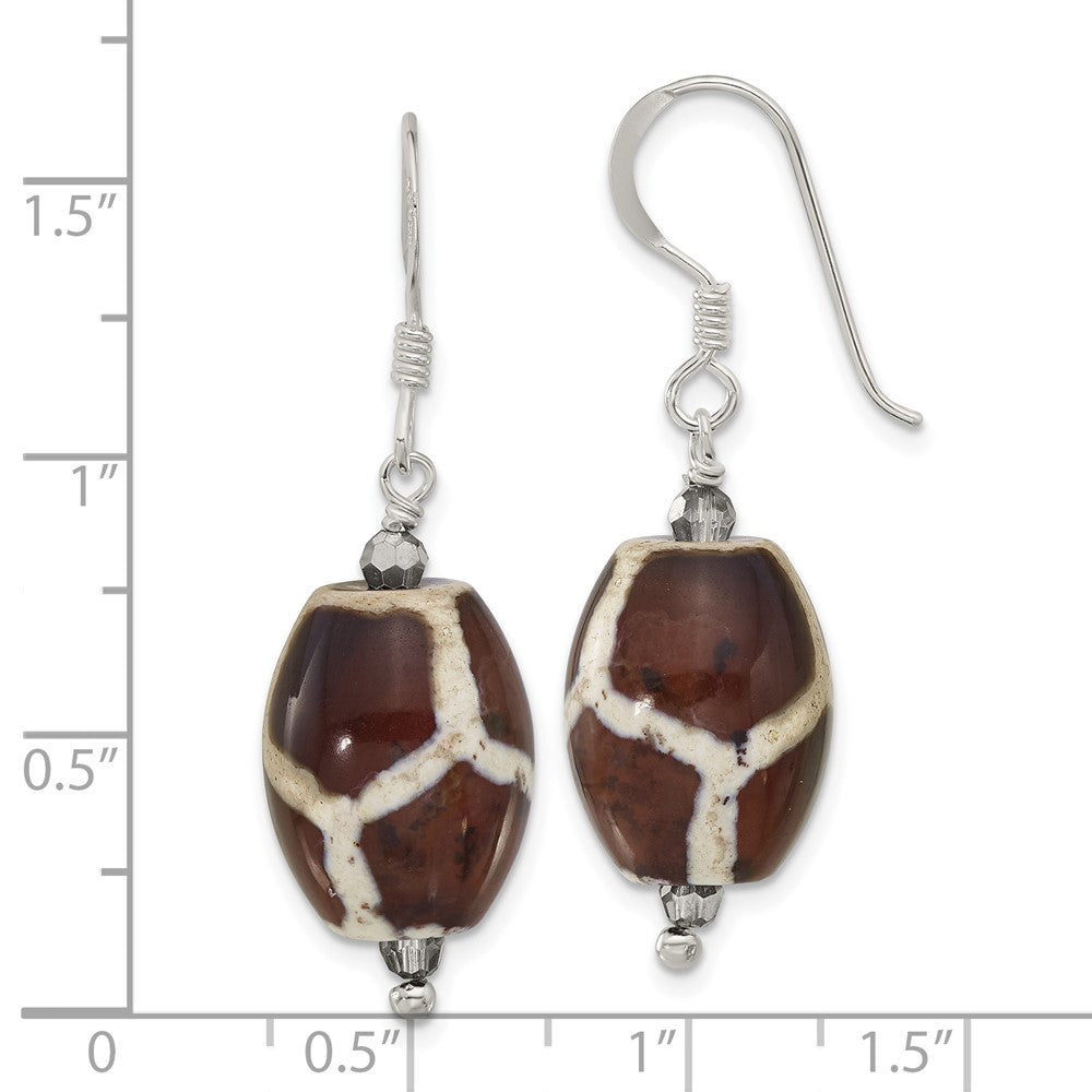 QE17389 Sterling Silver Polished Patterned Black Agate & Crystal Dangle Earrings