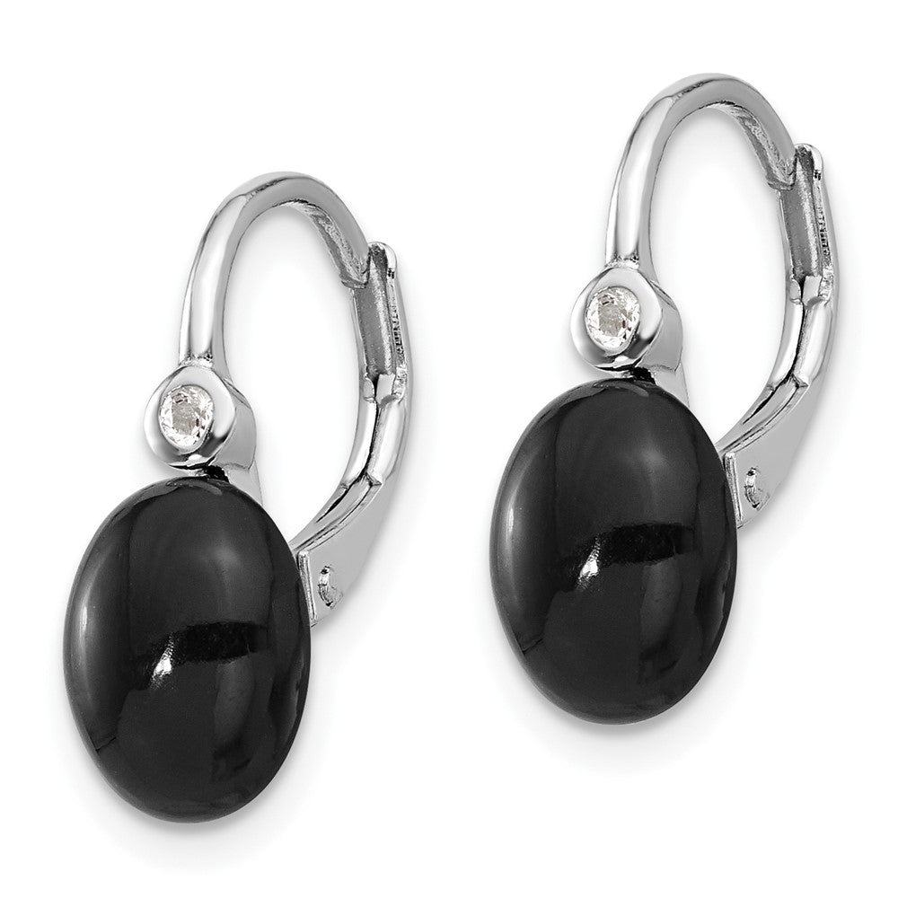 QE17399 Sterling Silver RH-plated Polished Onyx & White Topaz Leverback Earrings