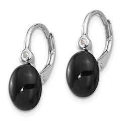 QE17399 Sterling Silver RH-plated Polished Onyx & White Topaz Leverback Earrings
