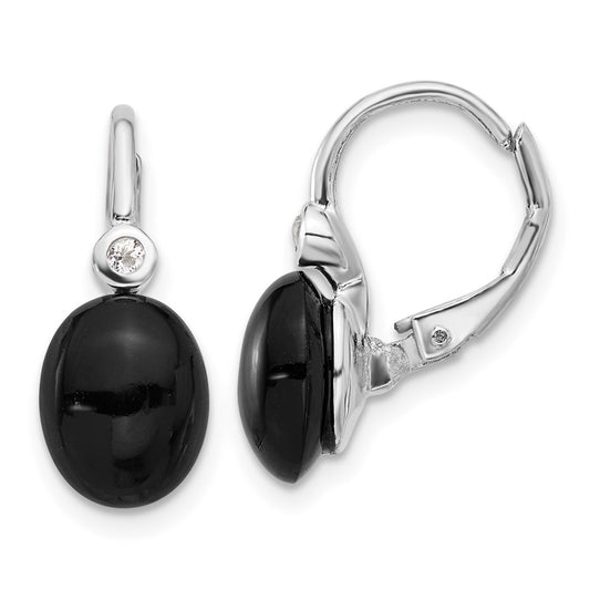 QE17399 Sterling Silver RH-plated Polished Onyx & White Topaz Leverback Earrings