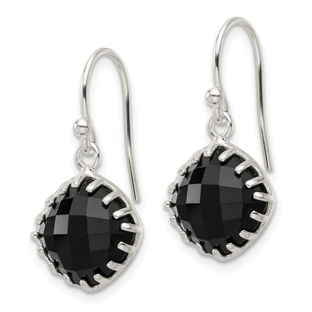 QE17401 Sterling Silver Polished Checkerboard Onyx Cushion Dangle Earrings