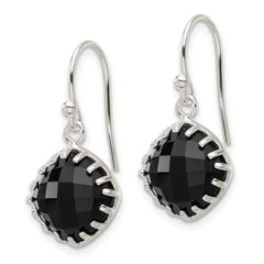 QE17401 Sterling Silver Polished Checkerboard Onyx Cushion Dangle Earrings