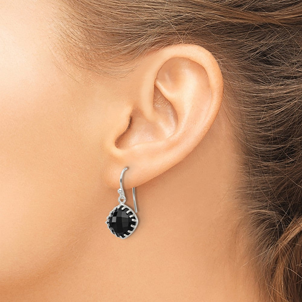 QE17401 Sterling Silver Polished Checkerboard Onyx Cushion Dangle Earrings