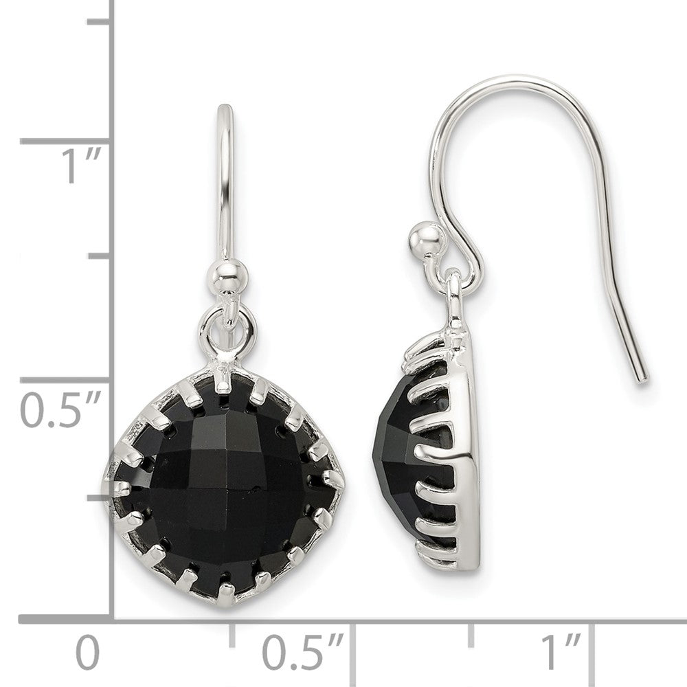 QE17401 Sterling Silver Polished Checkerboard Onyx Cushion Dangle Earrings