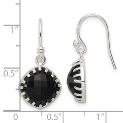 QE17401 Sterling Silver Polished Checkerboard Onyx Cushion Dangle Earrings
