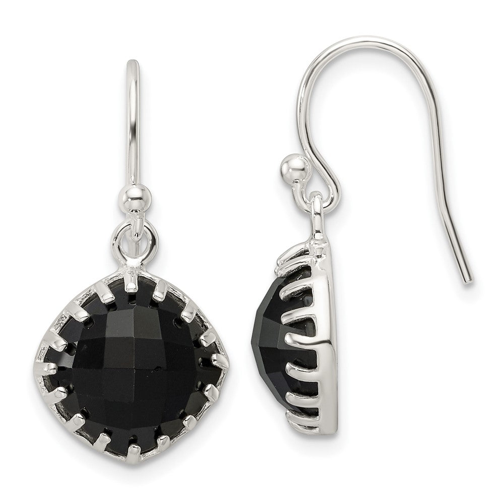 QE17401 Sterling Silver Polished Checkerboard Onyx Cushion Dangle Earrings