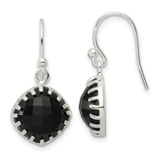 QE17401 Sterling Silver Polished Checkerboard Onyx Cushion Dangle Earrings