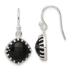 QE17401 Sterling Silver Polished Checkerboard Onyx Cushion Dangle Earrings