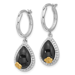QE17403 Sterling Silver Rhodium-plated w/ 14k accent Flower & Black Onyx Beaded Teardrop Round Dangle Hoop Earrings