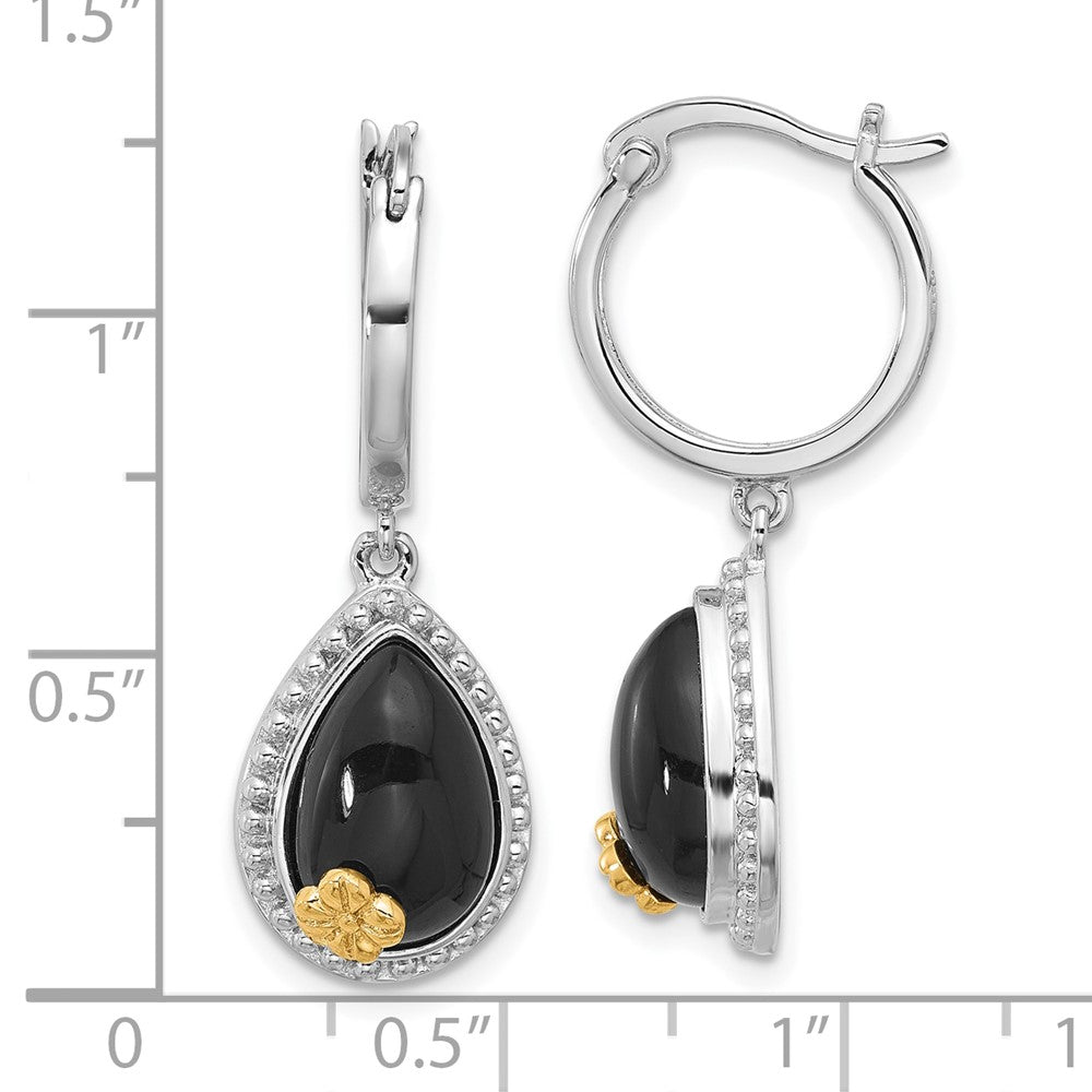 QE17403 Sterling Silver Rhodium-plated w/ 14k accent Flower & Black Onyx Beaded Teardrop Round Dangle Hoop Earrings