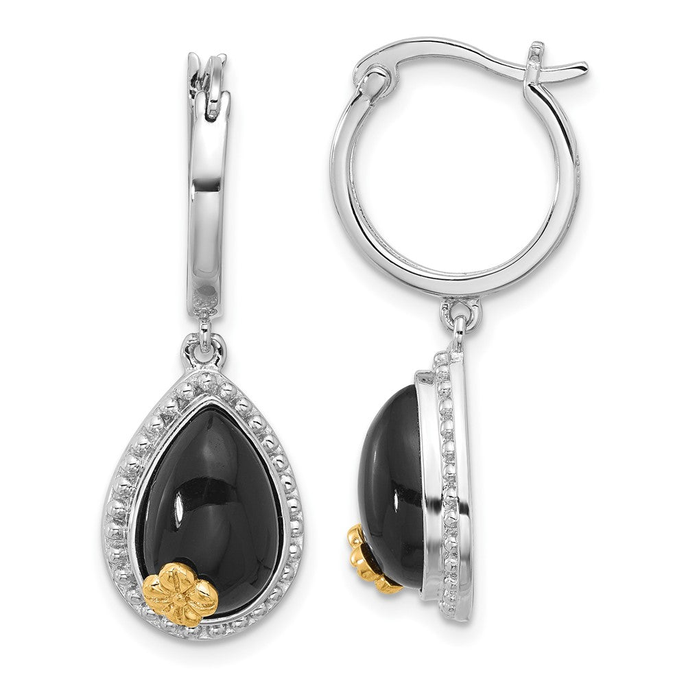 QE17403 Sterling Silver Rhodium-plated w/ 14k accent Flower & Black Onyx Beaded Teardrop Round Dangle Hoop Earrings