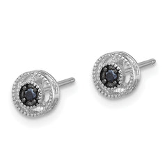 QE17404 Sterling Silver RH-plated Polished/Beaded Black Spinel Circle Post Earrings