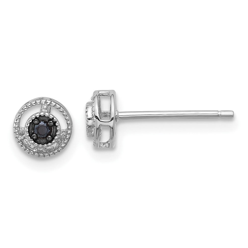 QE17404 Sterling Silver RH-plated Polished/Beaded Black Spinel Circle Post Earrings