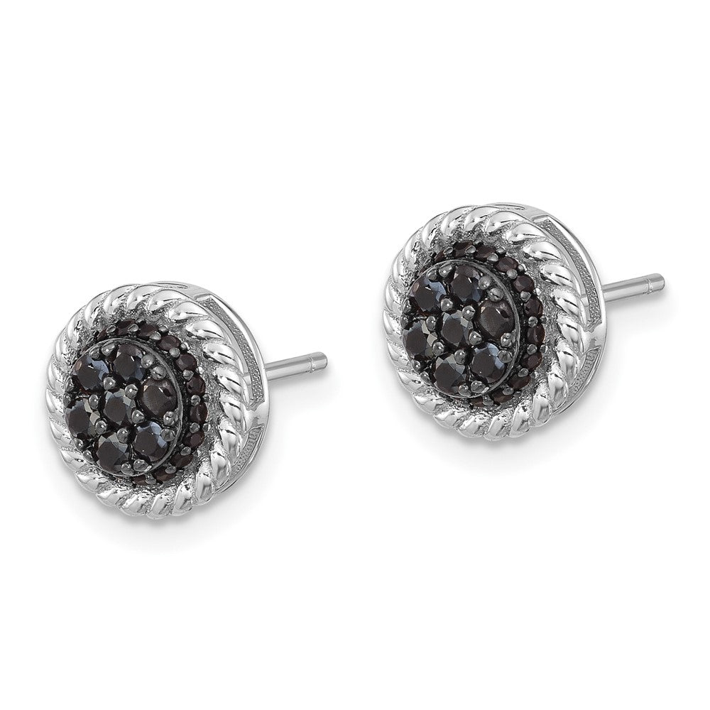 QE17406 Sterling Silver RH-plated Polished/Twisted Black Spinel Circle Post Earring