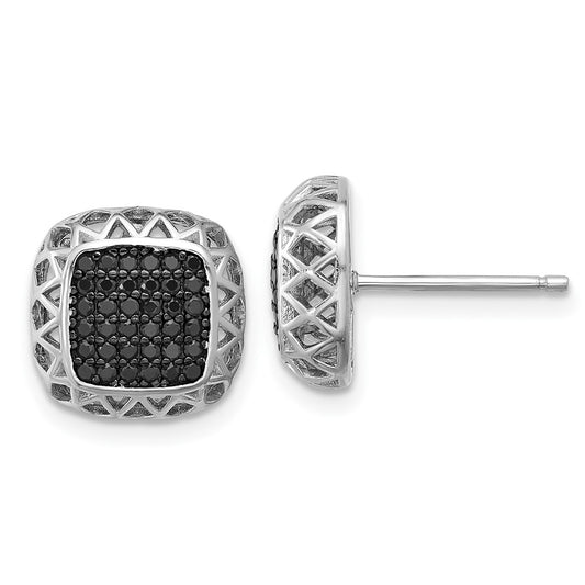 QE17407 Sterling Silver Rhodium-plated Polished Black Spinel Square Post Earrings