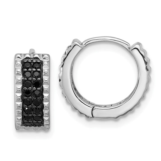 QE17408 Sterling Silver RH-pltd Polished/Studded Black Spinel Hinged Hoop Earrings