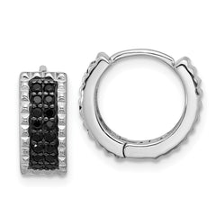 QE17408 Sterling Silver RH-pltd Polished/Studded Black Spinel Hinged Hoop Earrings