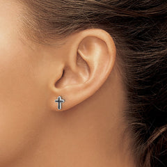 QE17410 Sterling Silver Rhodium-plated Polished Black Spinel Cross Post Earrings