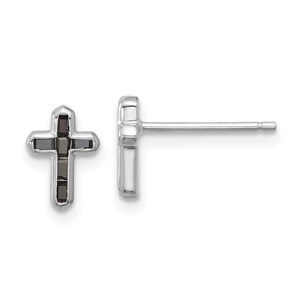 QE17410 Sterling Silver Rhodium-plated Polished Black Spinel Cross Post Earrings