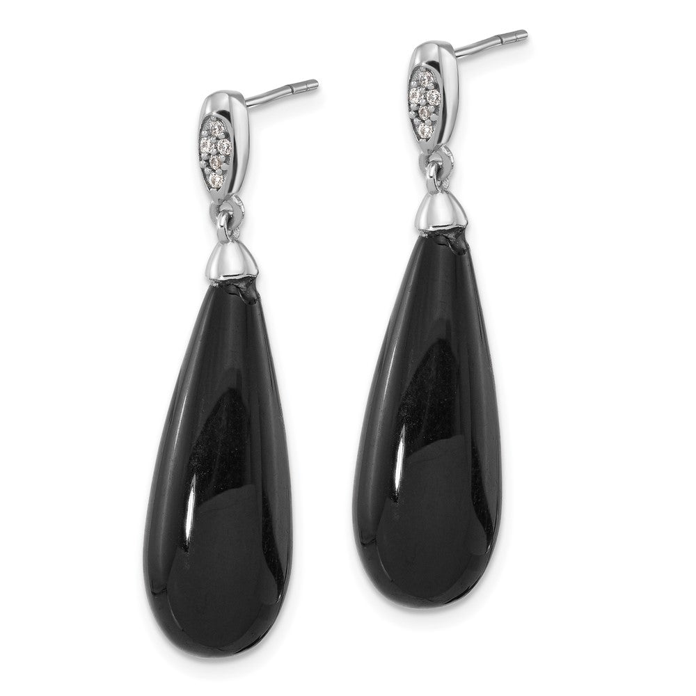 QE17414 Sterling Silver RH-plated Polished CZ & Onyx Teardrop Post Dangle Earrings