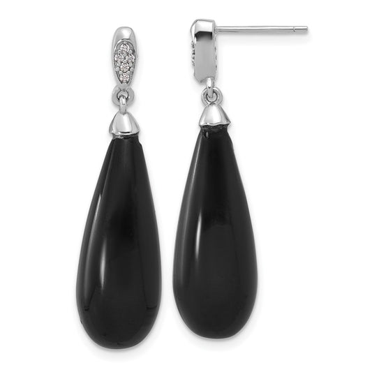 QE17414 Sterling Silver RH-plated Polished CZ & Onyx Teardrop Post Dangle Earrings