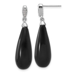 QE17414 Sterling Silver RH-plated Polished CZ & Onyx Teardrop Post Dangle Earrings