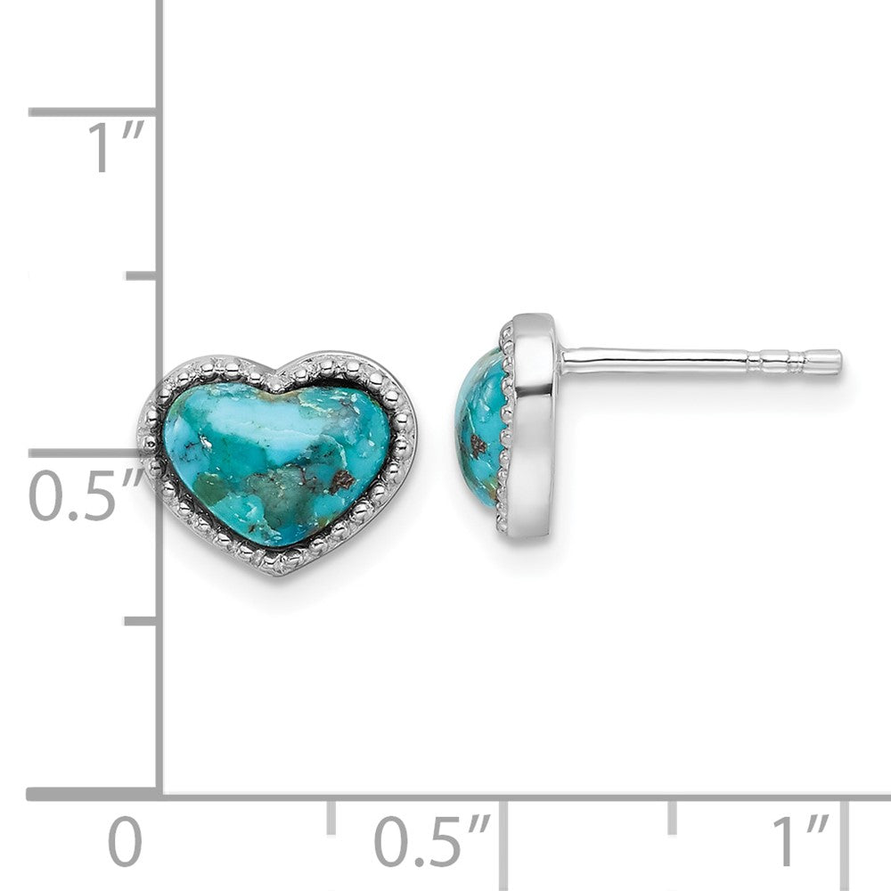 QE17417 Sterling Silver RH-pltd Beaded Edge Recon. Turquoise Heart Post Earrings