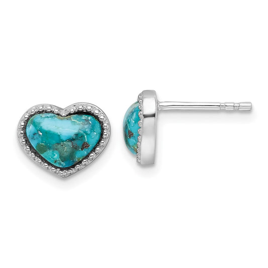 QE17417 Sterling Silver RH-pltd Beaded Edge Recon. Turquoise Heart Post Earrings