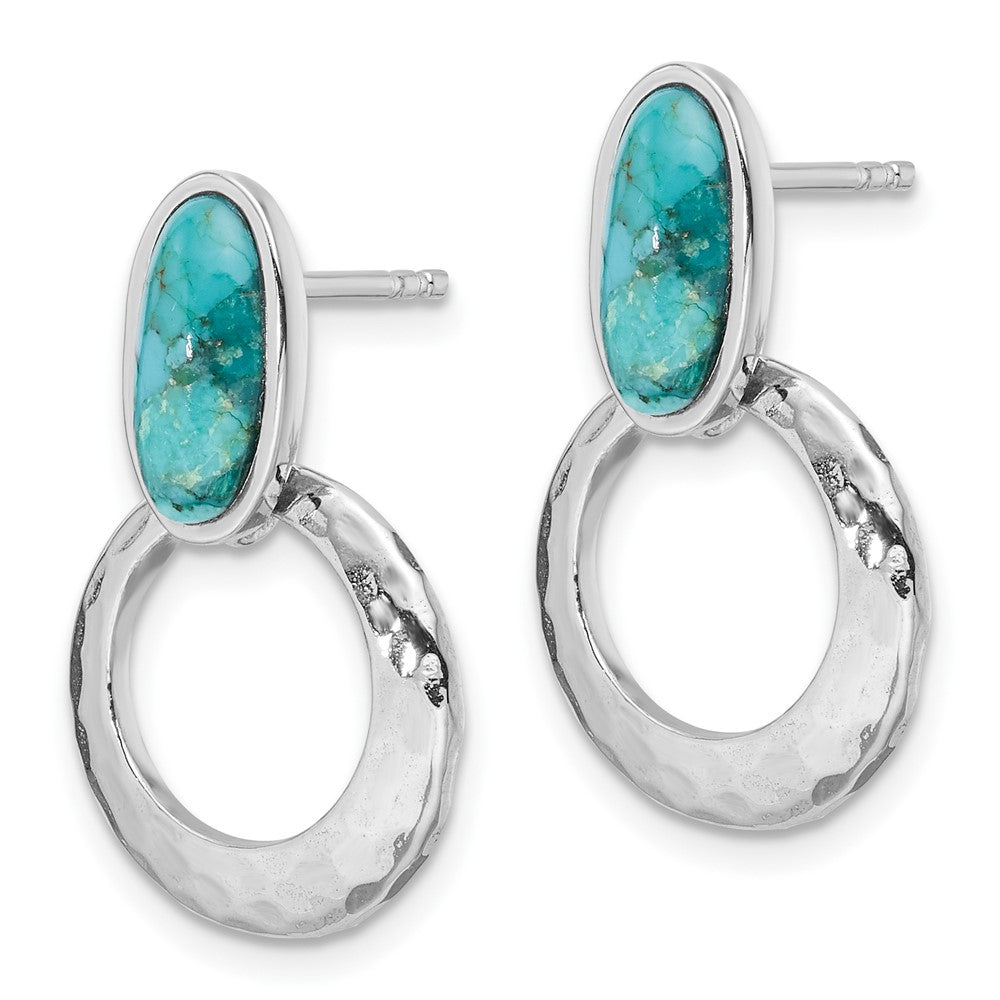 QE17418 Sterling Silver Rhodium-plated Polished & Hammered Reconstituted Turquoise Post Dangle Earrings