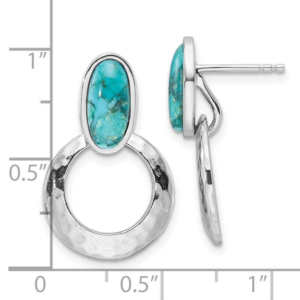 QE17418 Sterling Silver Rhodium-plated Polished & Hammered Reconstituted Turquoise Post Dangle Earrings
