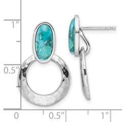 QE17418 Sterling Silver Rhodium-plated Polished & Hammered Reconstituted Turquoise Post Dangle Earrings