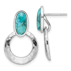 QE17418 Sterling Silver Rhodium-plated Polished & Hammered Reconstituted Turquoise Post Dangle Earrings