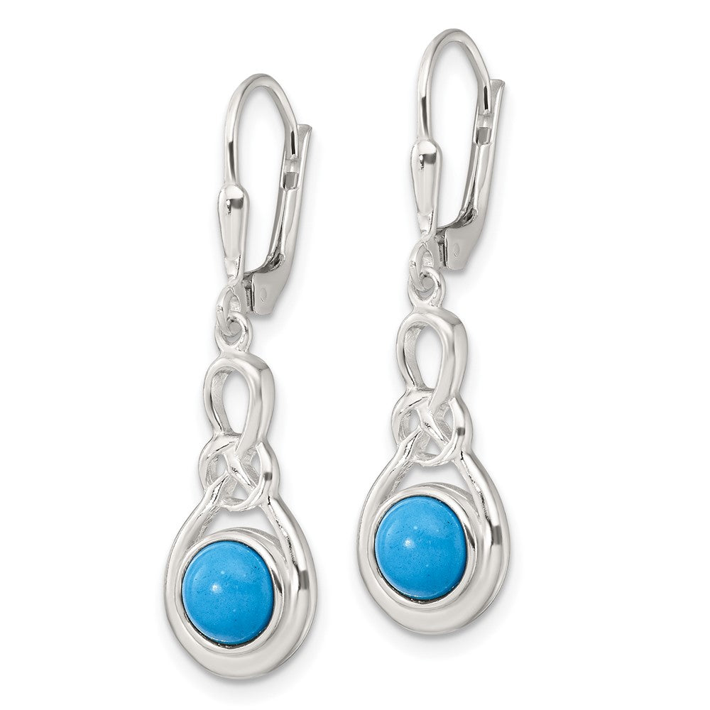 QE17420 Sterling Silver Polished Turquoise Knot Leverback Dangle Earrings