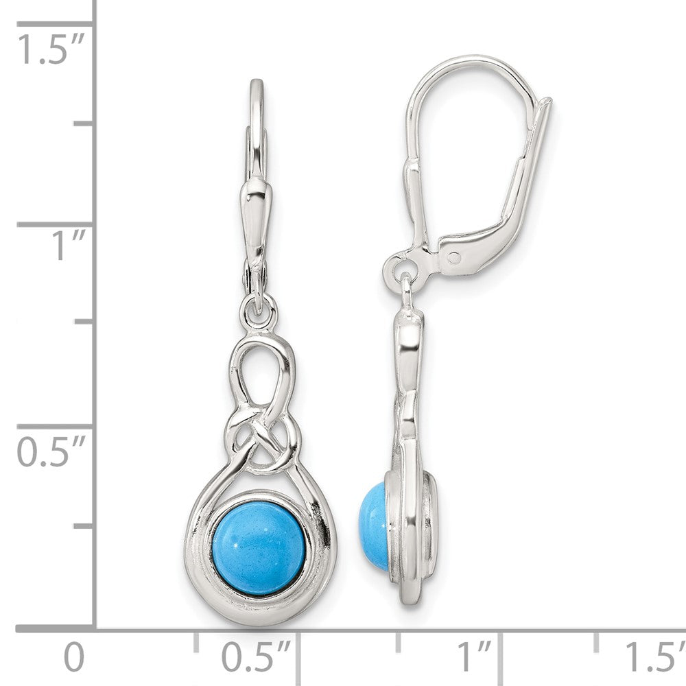 QE17420 Sterling Silver Polished Turquoise Knot Leverback Dangle Earrings