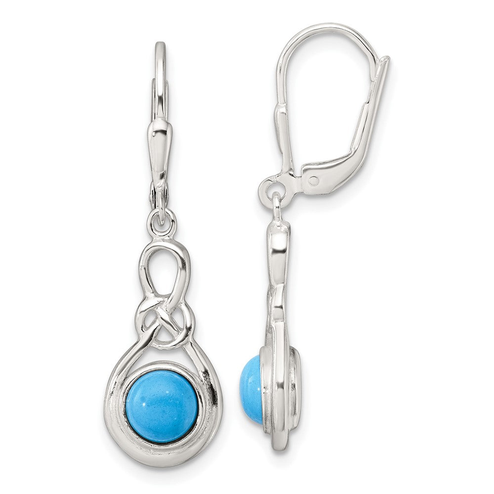 QE17420 Sterling Silver Polished Turquoise Knot Leverback Dangle Earrings