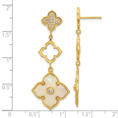QE17427 Sterling Silver Gold-tone Polished MOP & CZ Floral Post Dangle Earrings