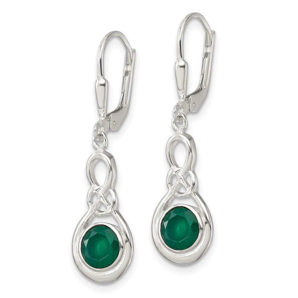 QE17431 Sterling Silver Polished Green Onyx Knot Leverback Dangle Earrings